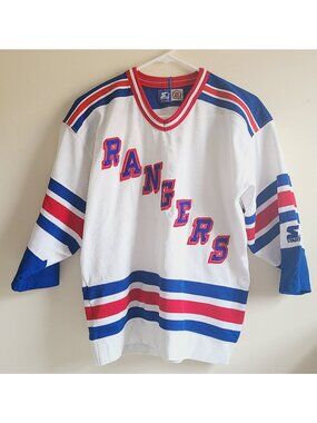 Vtg 90's Starter NY Rangers Jersey Size Lrg Authentic Center Ice Fight Strap NHL